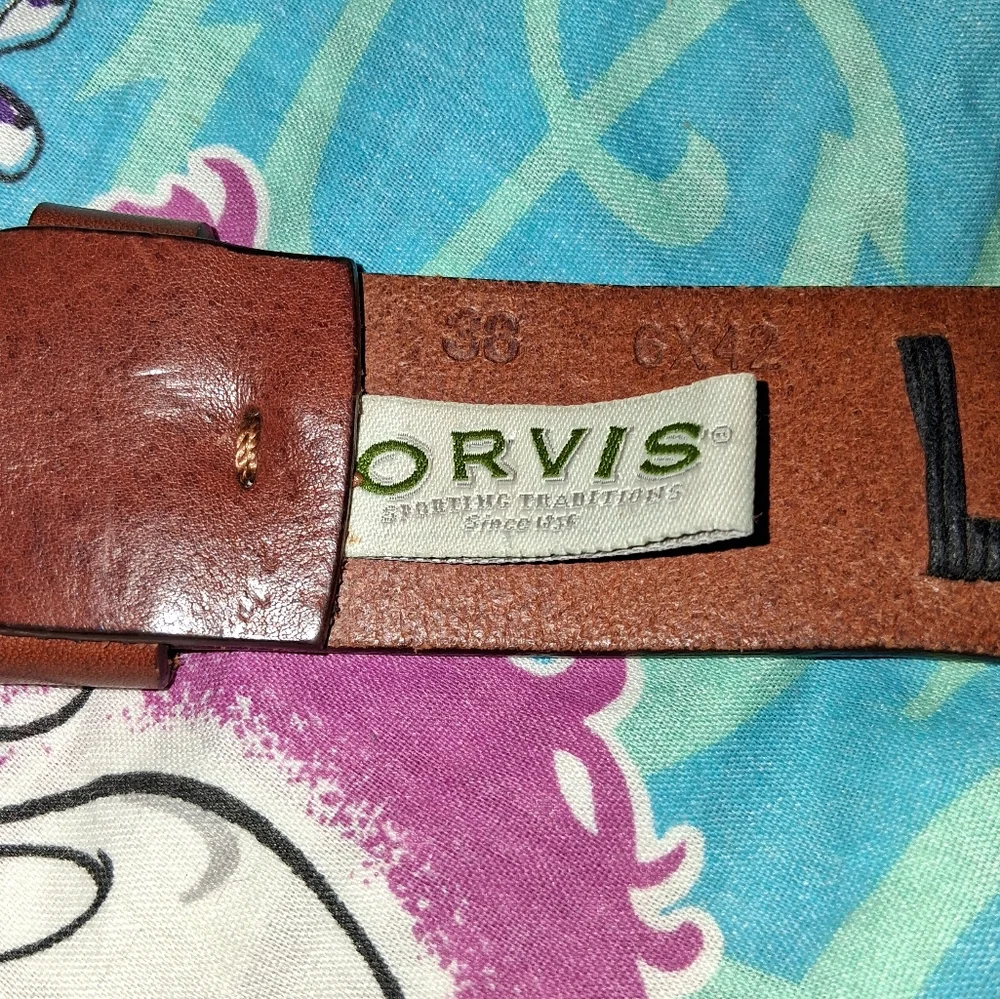 Orvis Vintage Greek Key Brown Leather Belt